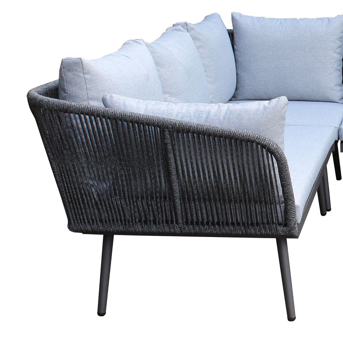 Hjørnesofa ute Saigon med loungebord aluminium tau og glassbordplate