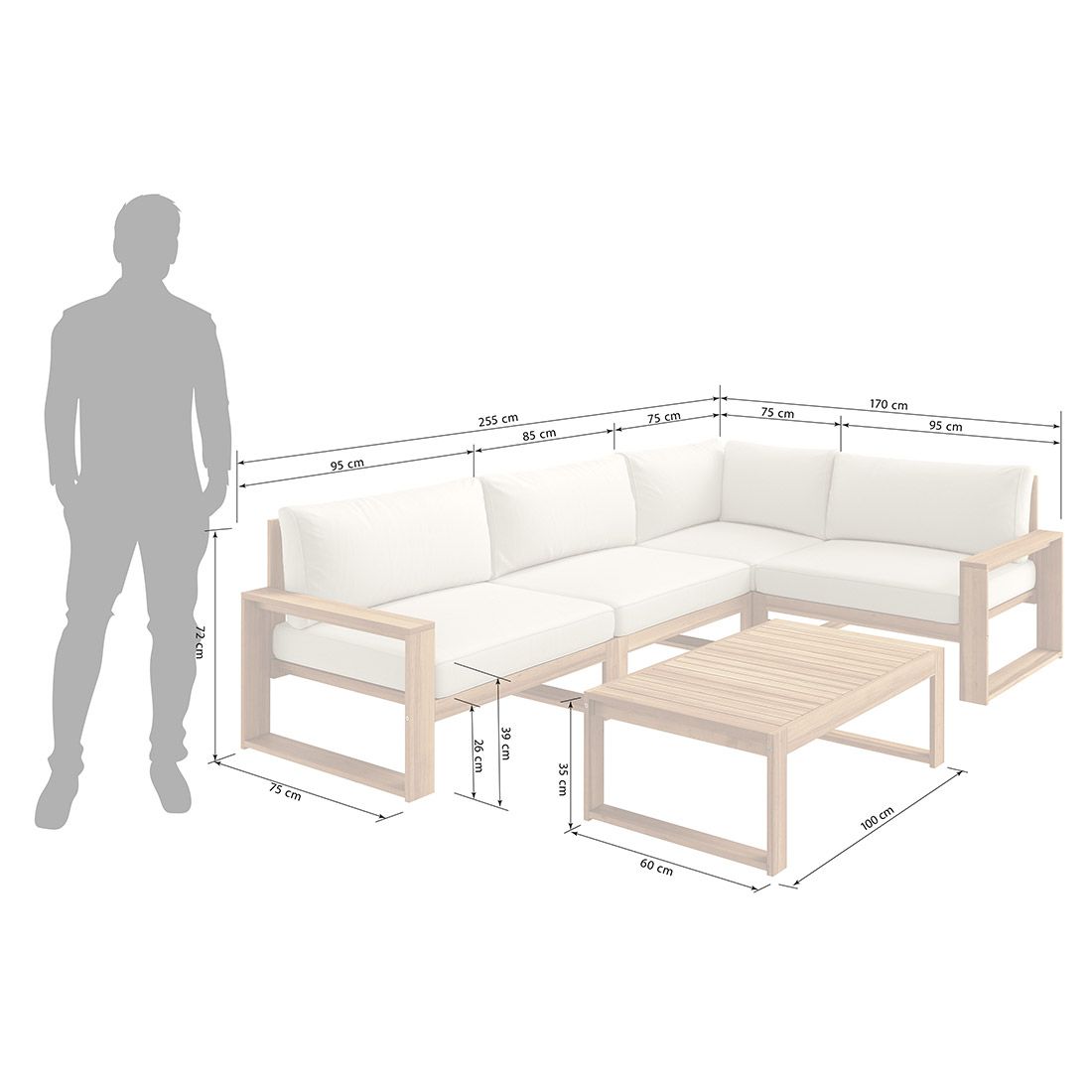 Detalj av akasietre på Hjørnesofa ute Santa Cruz med loungebord akasie