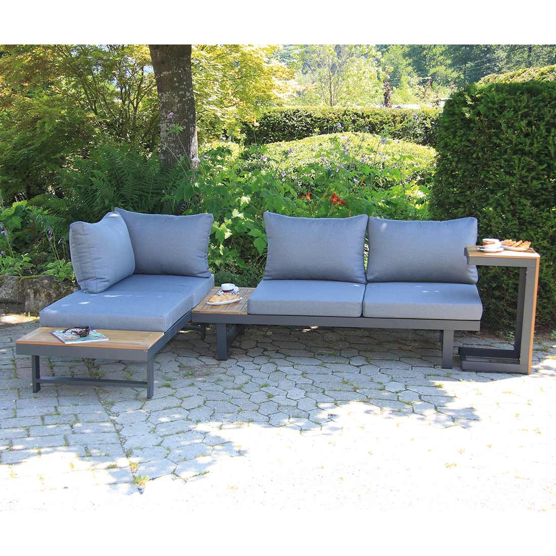 Hjørnesofa ute Shadow med loungebord aluminium detalj tekstil