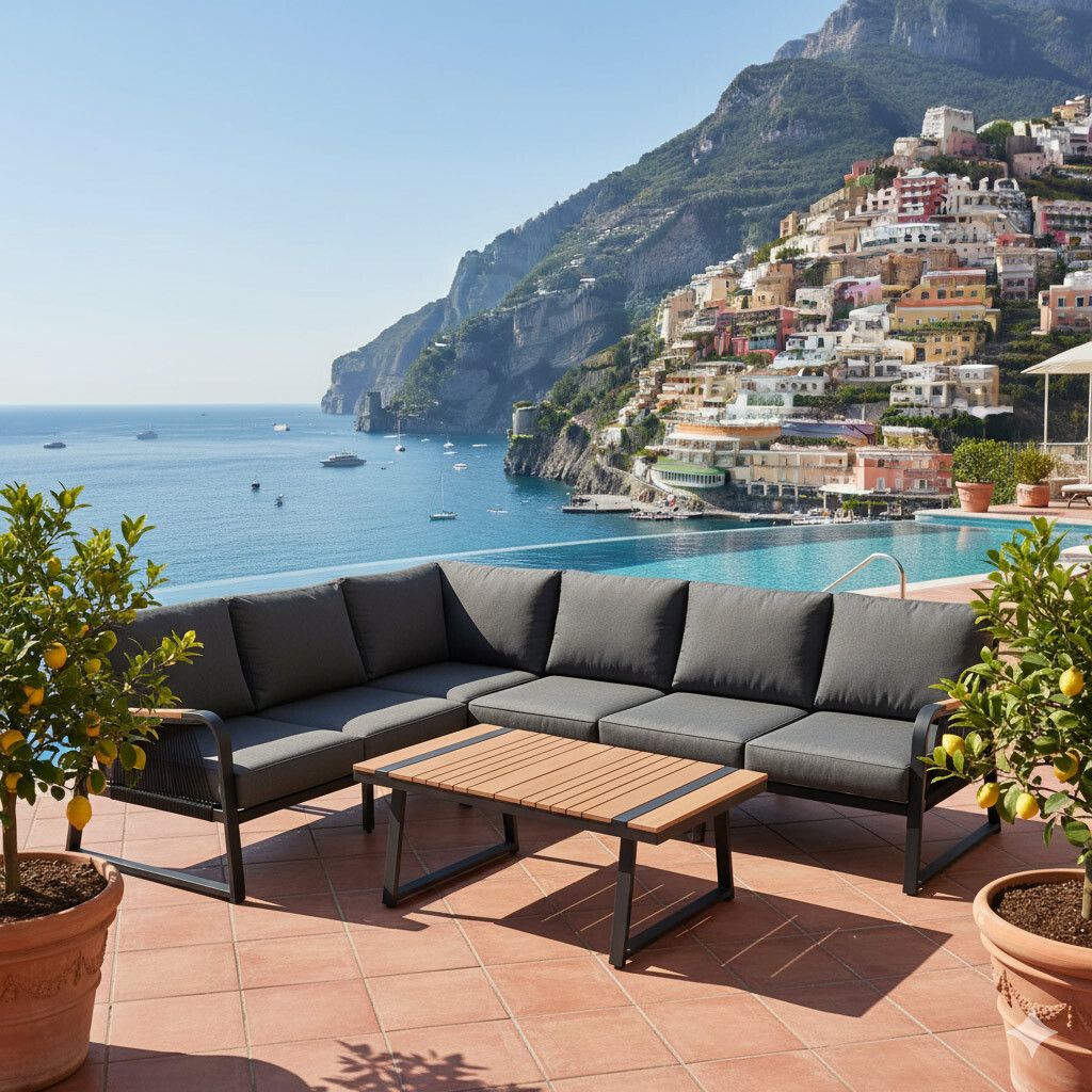 Hjørnesofa ute Siena aluminium tau forfra