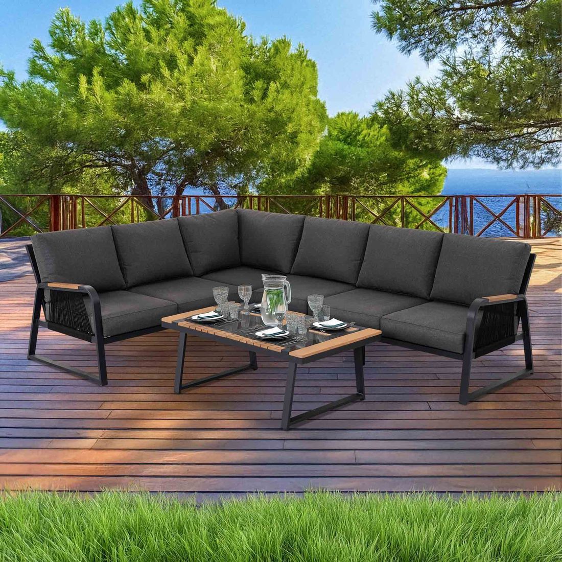 Hjørnesofa ute Siena aluminium tau med bord og puter