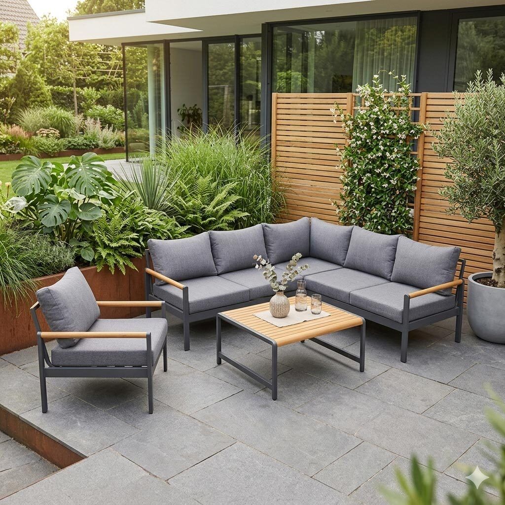 Hjørnesofa ute Sina med loungebord aluminium/akasie sett forfra