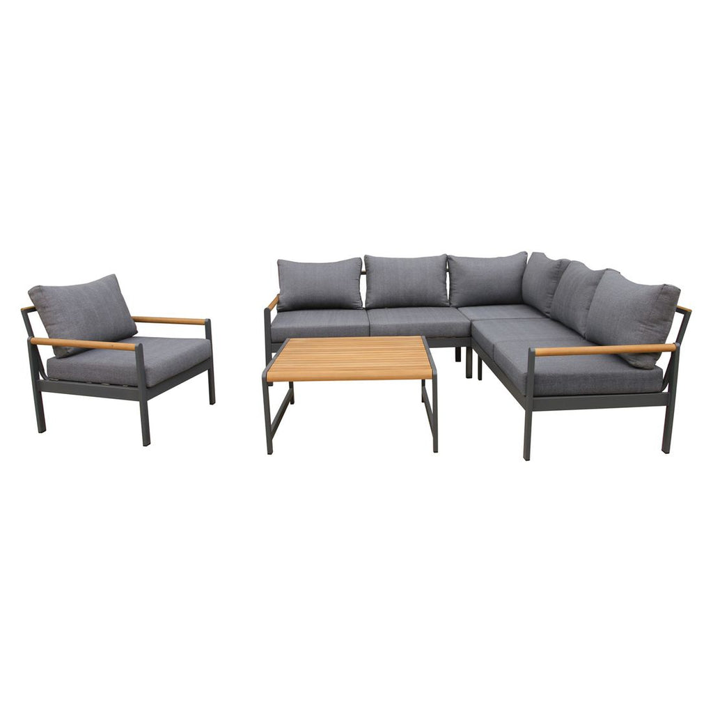 Hjørnesofa ute Sina med loungebord aluminium/akasie bakside og ramme