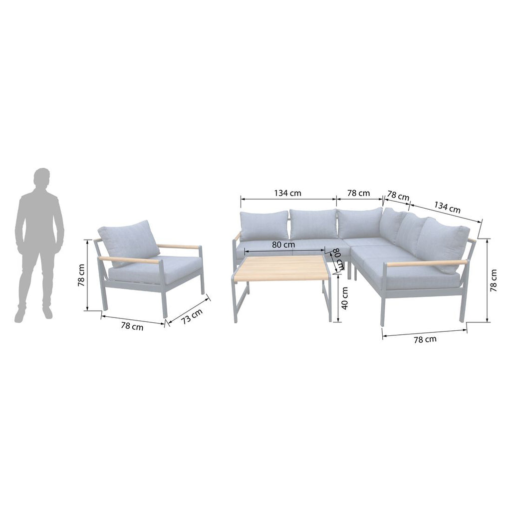 Hjørnesofa ute Sina med loungebord aluminium/akasie detalj på bordplate i akasietre