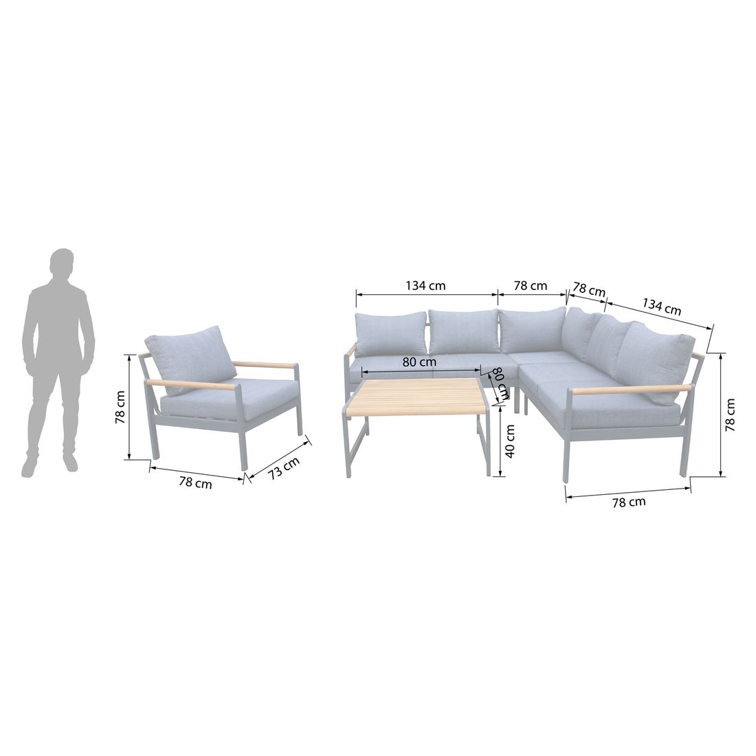 Hjørnesofa ute Sina med loungebord aluminium/akasie detalj på bordplate i akasietre