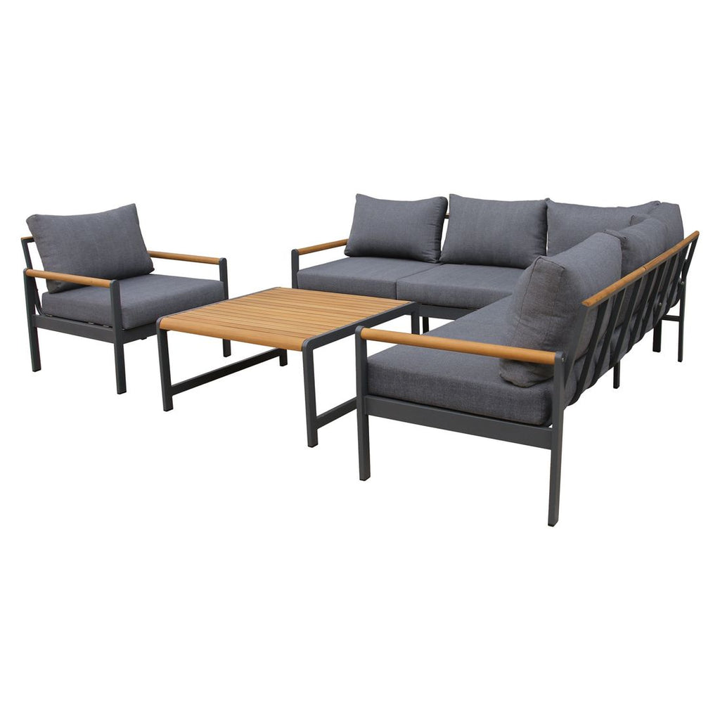 Hjørnesofa ute Sina med loungebord aluminium/akasie montert på terrasse