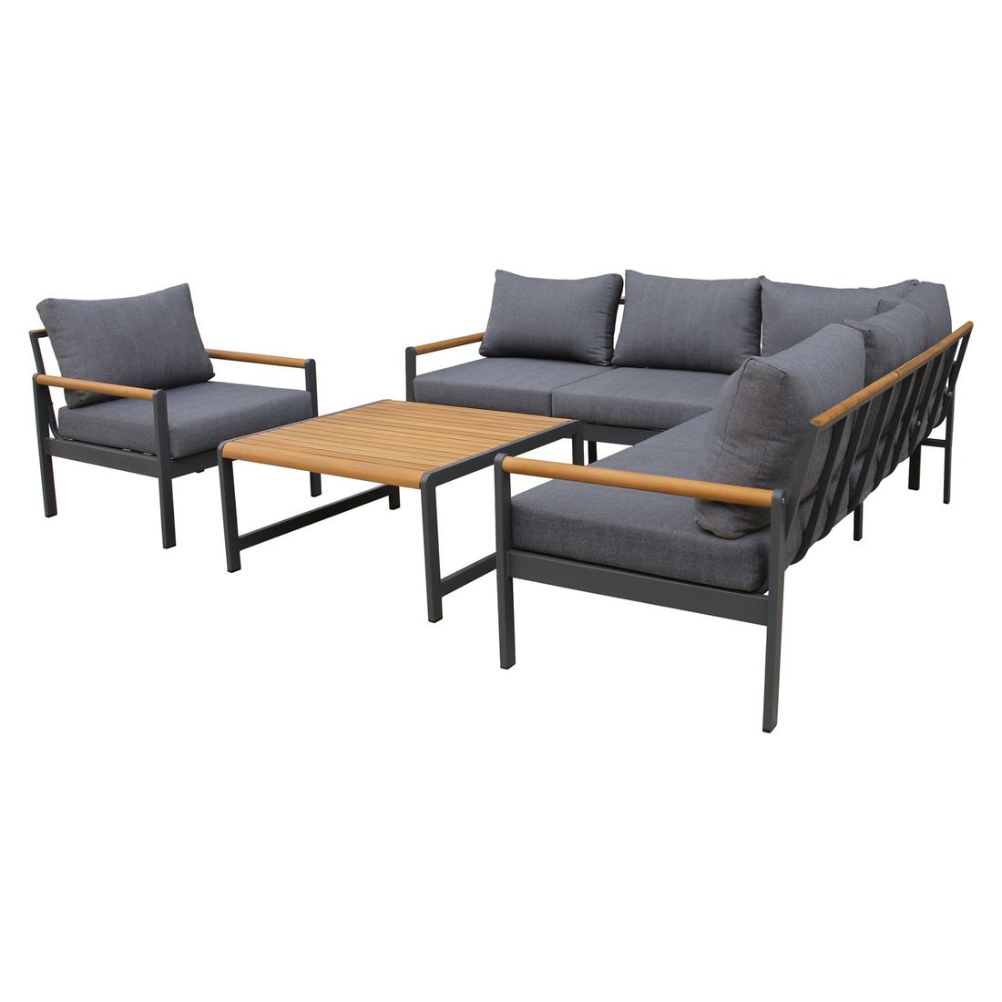 Hjørnesofa ute Sina med loungebord aluminium/akasie montert på terrasse