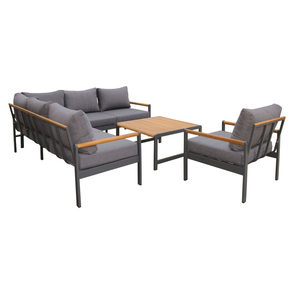Hjørnesofa ute Sina med loungebord aluminium/akasie nærbilde av polstrede seter