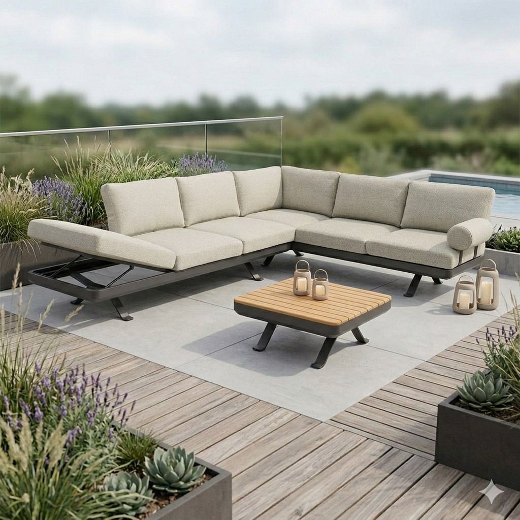 Hjørnesofa ute Sky 292x207 cm, aluminium/teak forfra