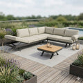 Hjørnesofa ute Sky 292x207 cm, aluminium/teak forfra