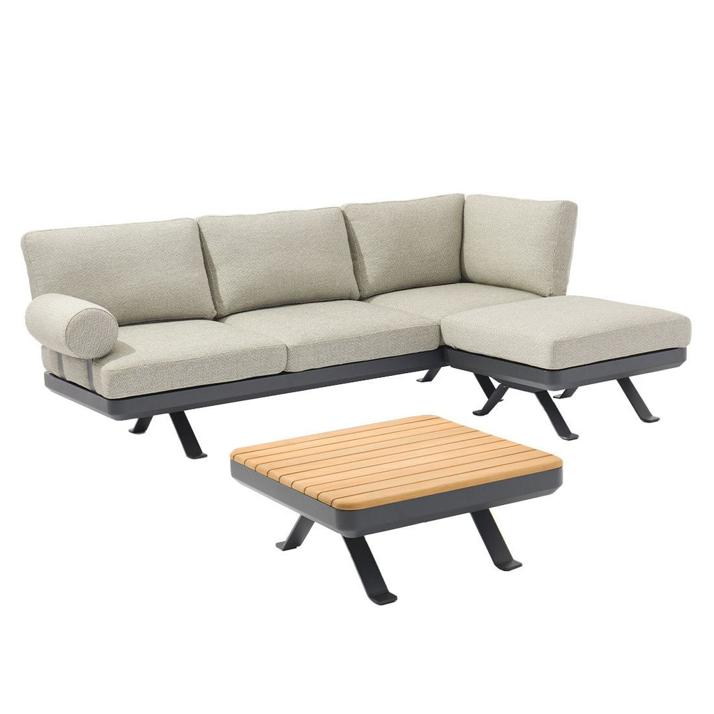 Hjørnesofa ute Sky aluminium/teak med loungebord bakside