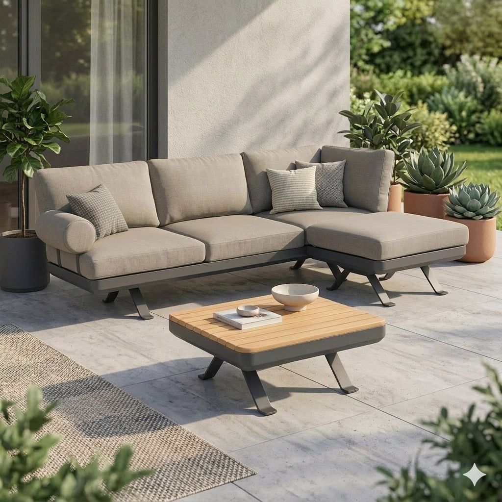 Hjørnesofa ute Sky aluminium/teak med loungebord front