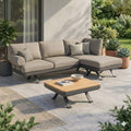 Hjørnesofa ute Sky aluminium/teak med loungebord front