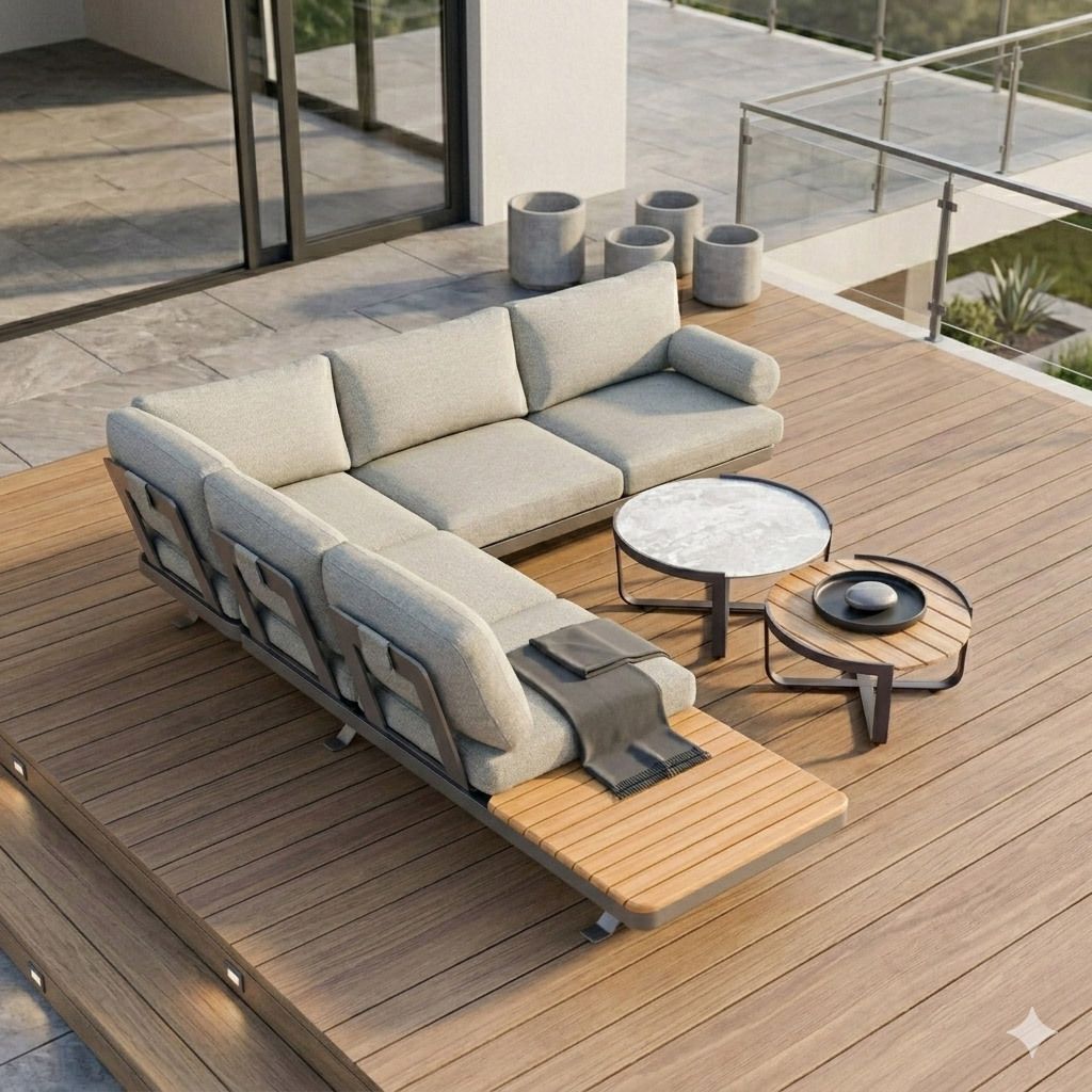 Hjørnesofa ute Sky med loungebord aluminium og teak Zebra forfra