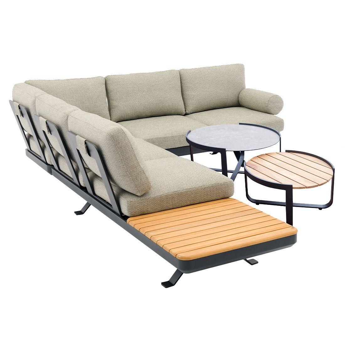 Hjørnesofa ute Sky med loungebord aluminium og teak Zebra bakside