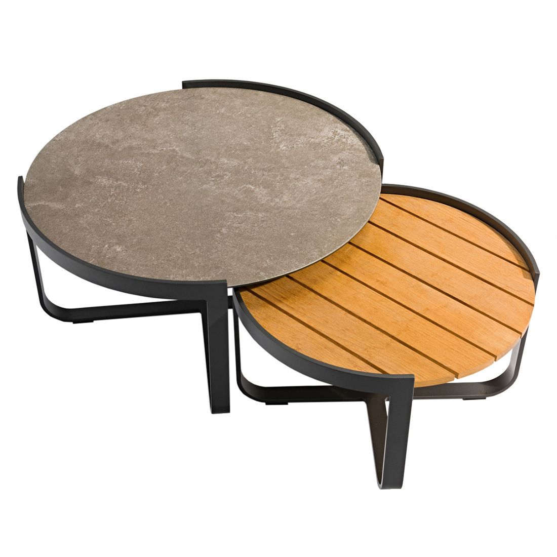 Hjørnesofa ute Sky med loungebord aluminium og teak Zebra loungebord detalj