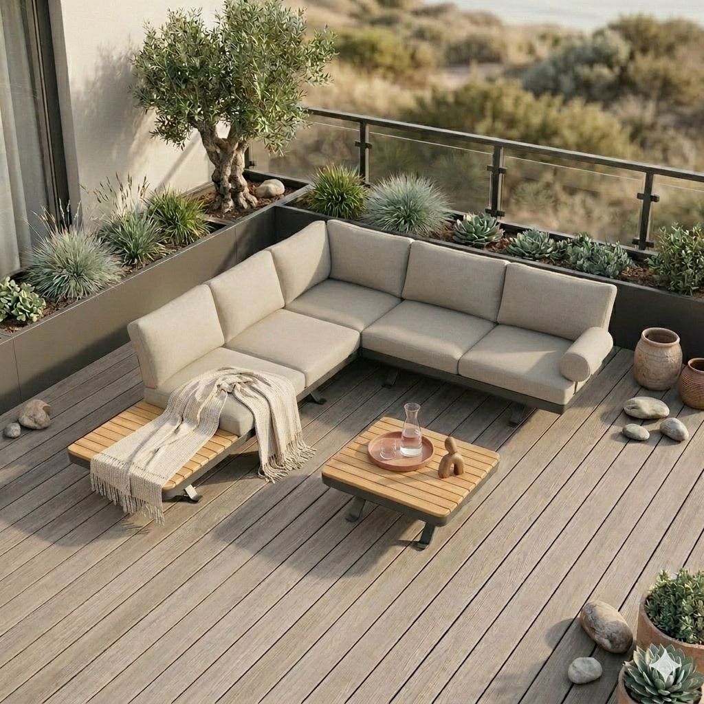 Hjørnesofa ute Sky regulerbar med loungebord teak forfra