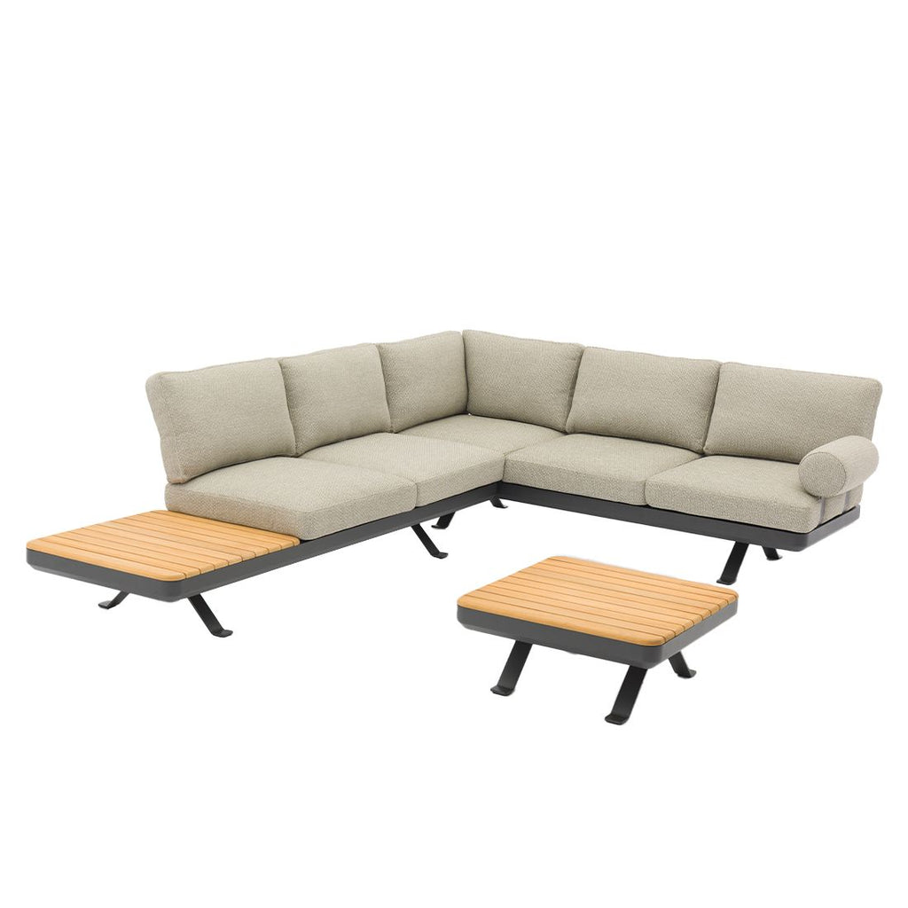 Hjørnesofa ute Sky regulerbar med loungebord teak bakside