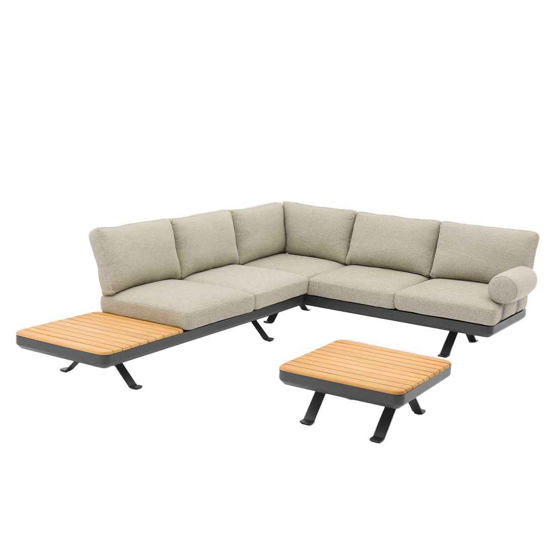 Hjørnesofa ute Sky regulerbar med loungebord teak bakside