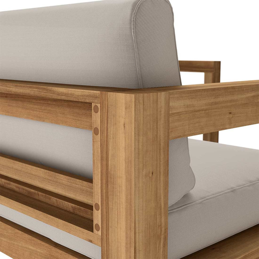 Detalj av stoffmateriale på Hjørnesofa ute Stockton med loungebord