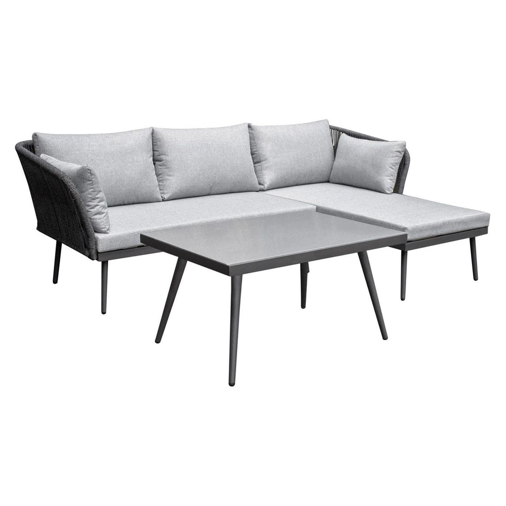 Hjørnesofa ute Sunera med loungebord stål tau bakside