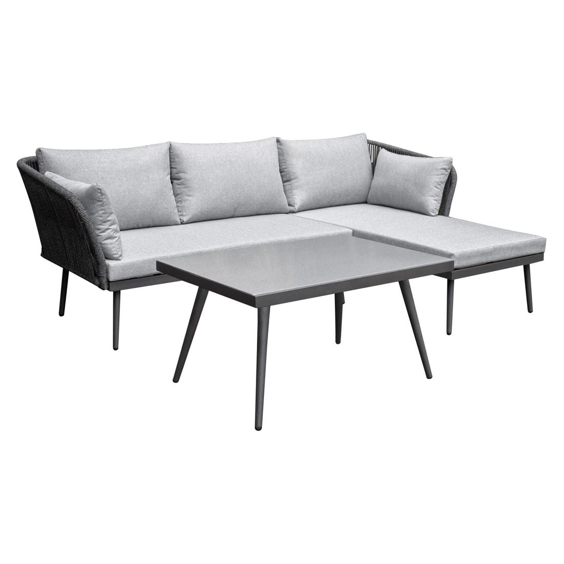 Hjørnesofa ute Sunera med loungebord stål tau bakside
