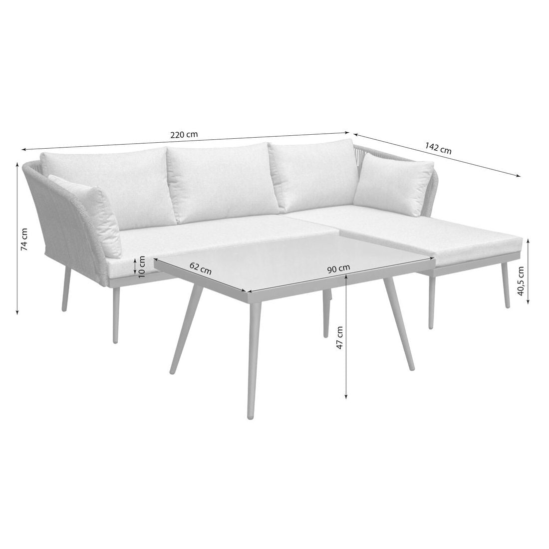Detalj av bordplate på Hjørnesofa ute Sunera med loungebord stål tau