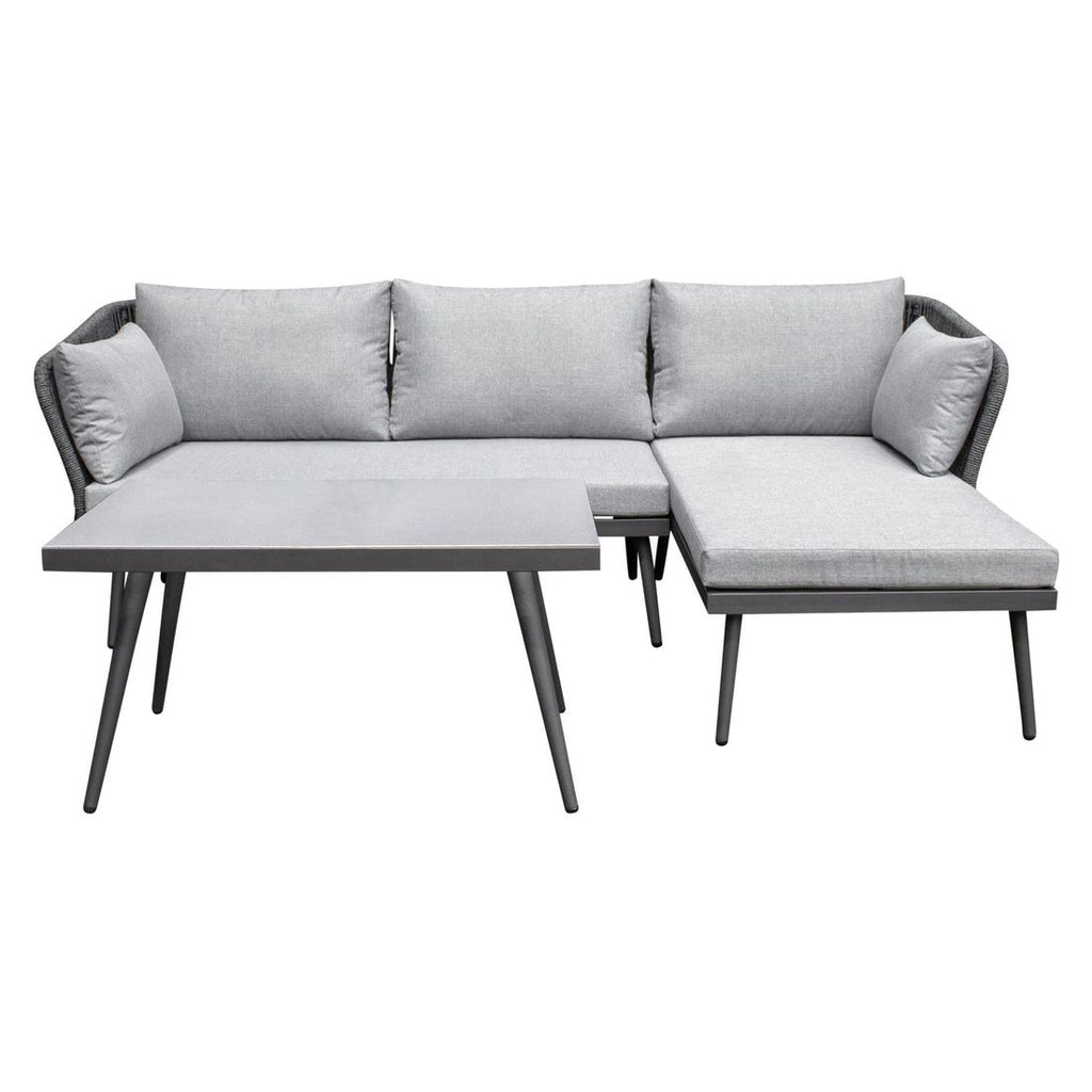 Nærbilde av polstring på Hjørnesofa ute Sunera med loungebord stål tau