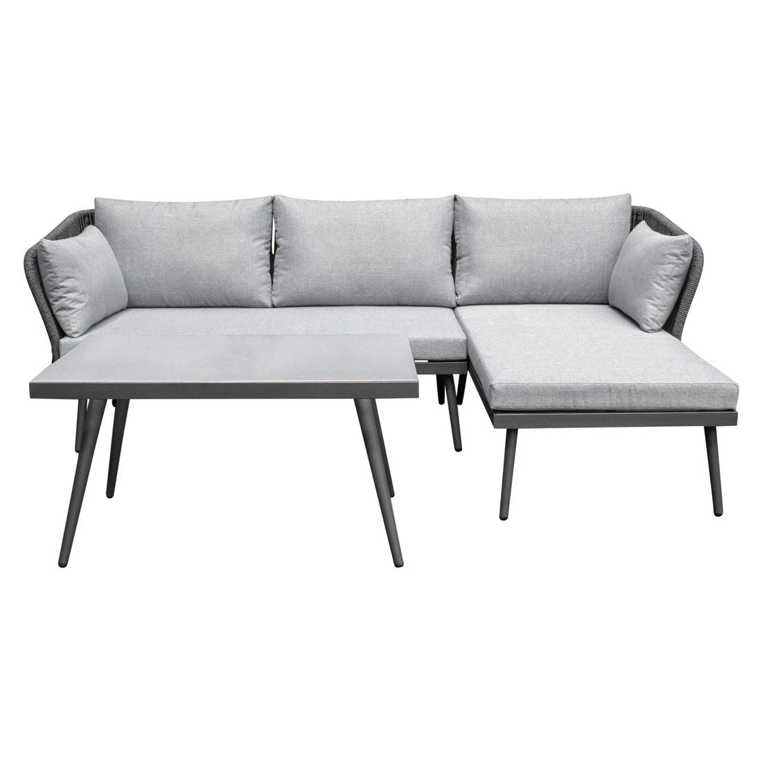 Nærbilde av polstring på Hjørnesofa ute Sunera med loungebord stål tau
