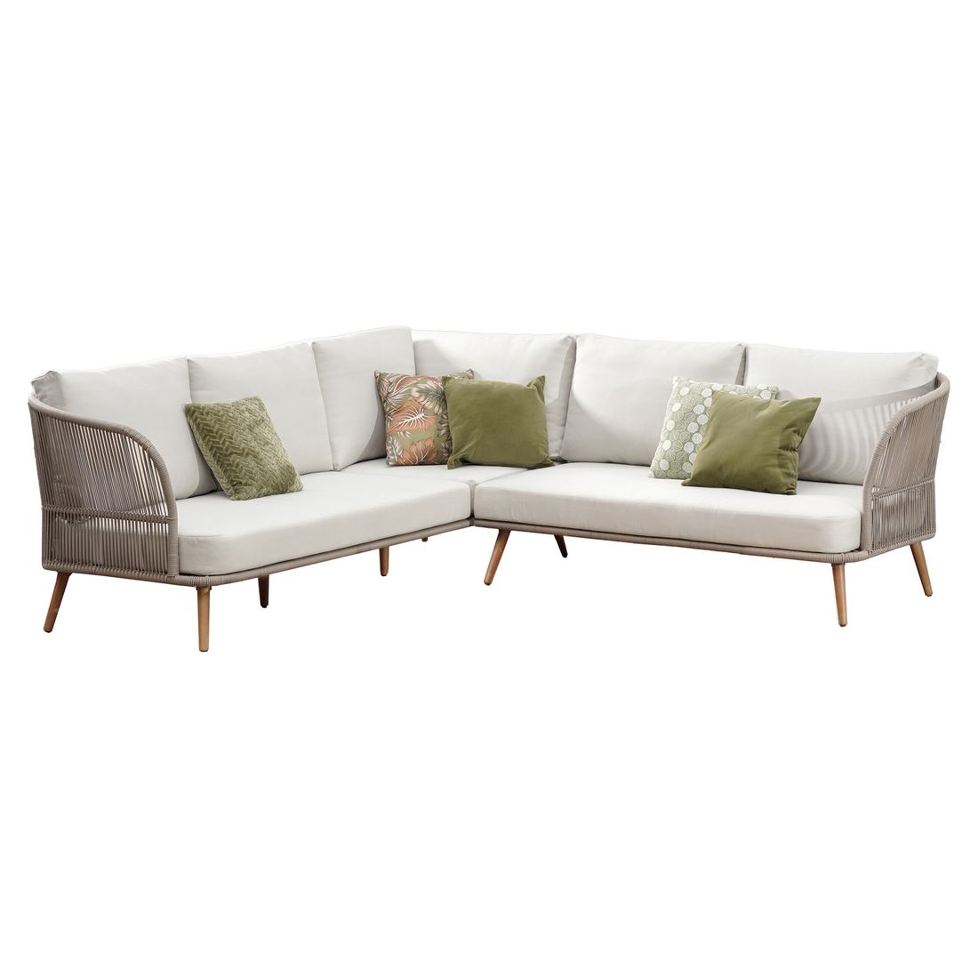 Bakside av Hjørnesofa ute Swallow med loungebord aluminium tau