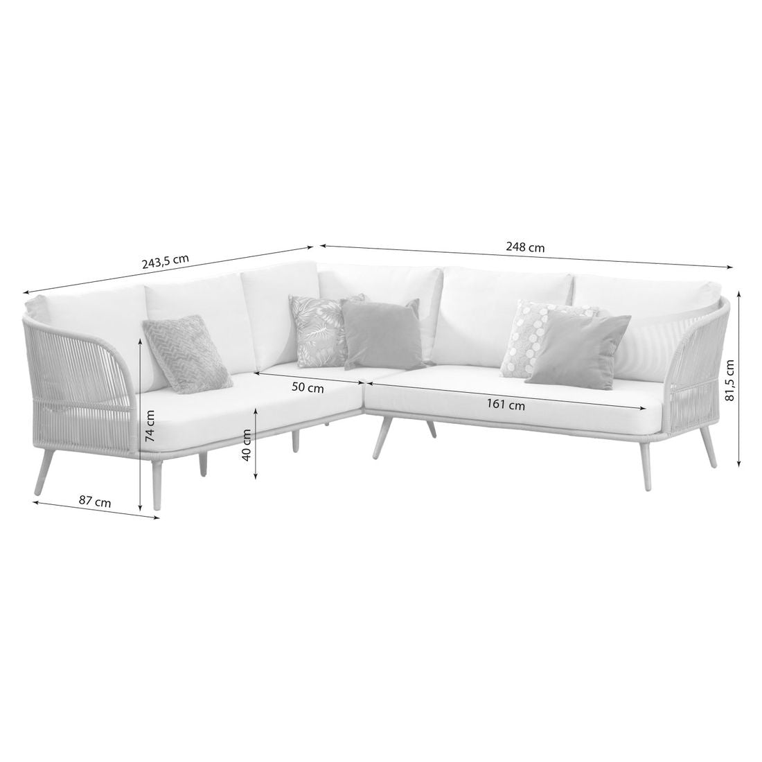 Oversikt av Hjørnesofa ute Swallow med loungebord aluminium tau på terrasse