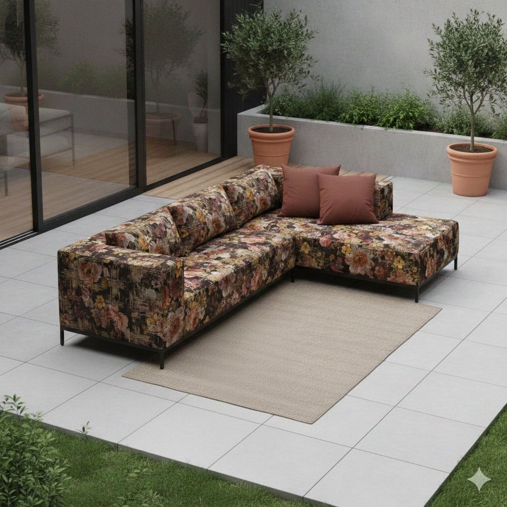Hjørnesofa ute Taavi Flower aluminium 302x203 cm forfra