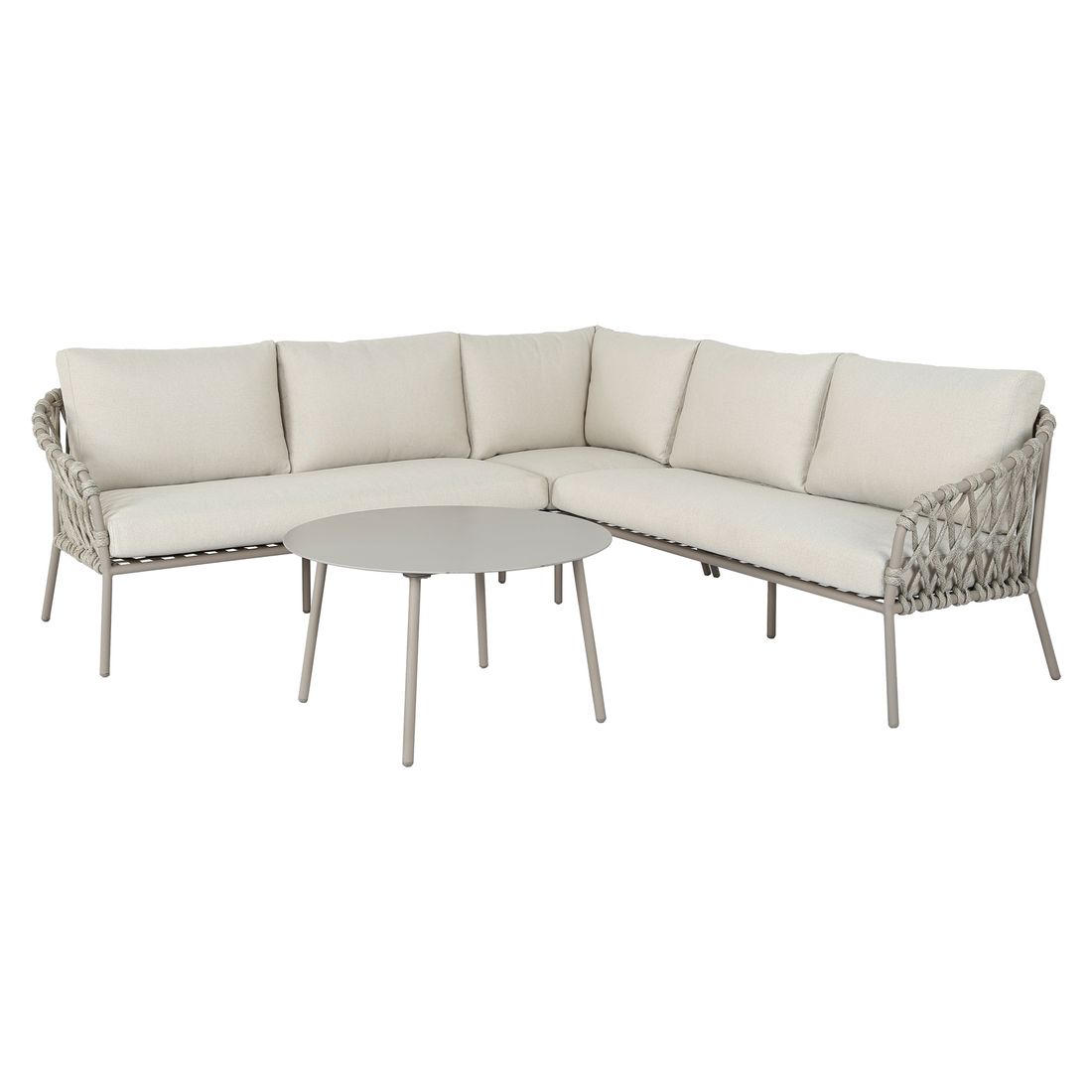 Hjørnesofa ute Tanami stål tau olefin med loungebord bakside