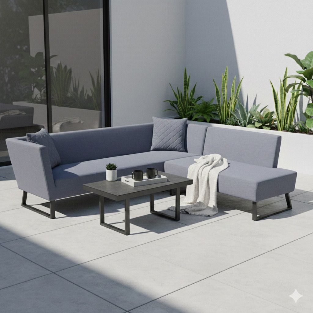 Hjørnesofa ute Tonga med loungebord aluminium keramik front
