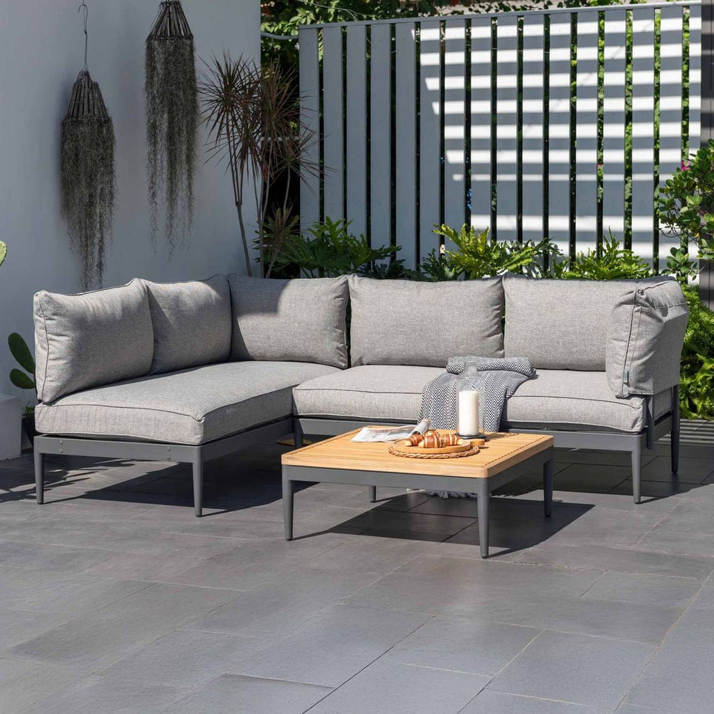 Hjørnesofa ute Topaz med loungebord aluminium/teak forfra