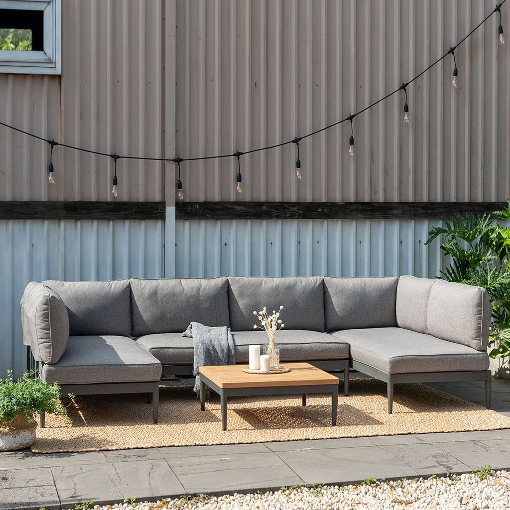 Hjørnesofa ute Topaz med loungebord aluminium/teak sett forfra
