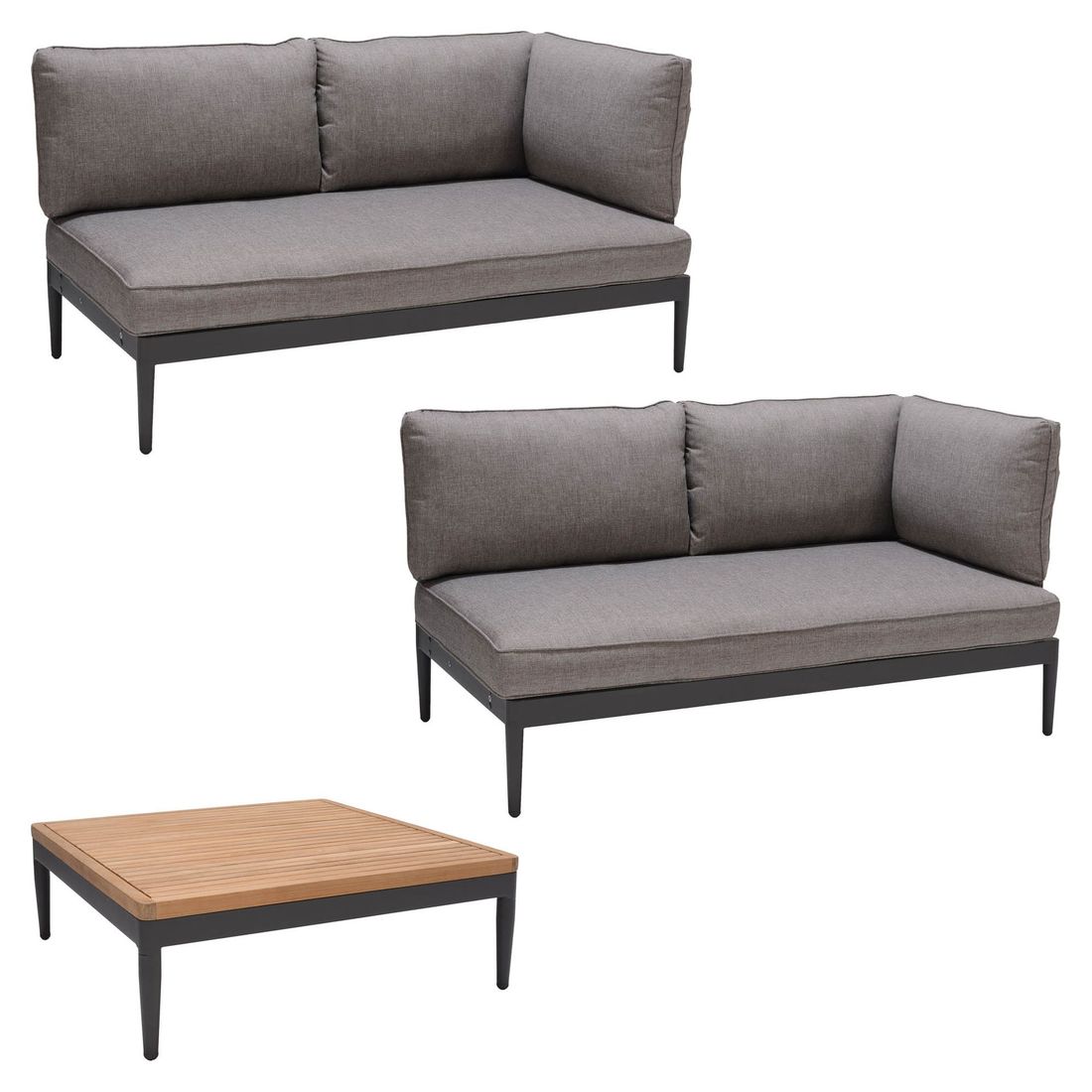 Baksiden av Hjørnesofa ute Topaz med loungebord aluminium/teak