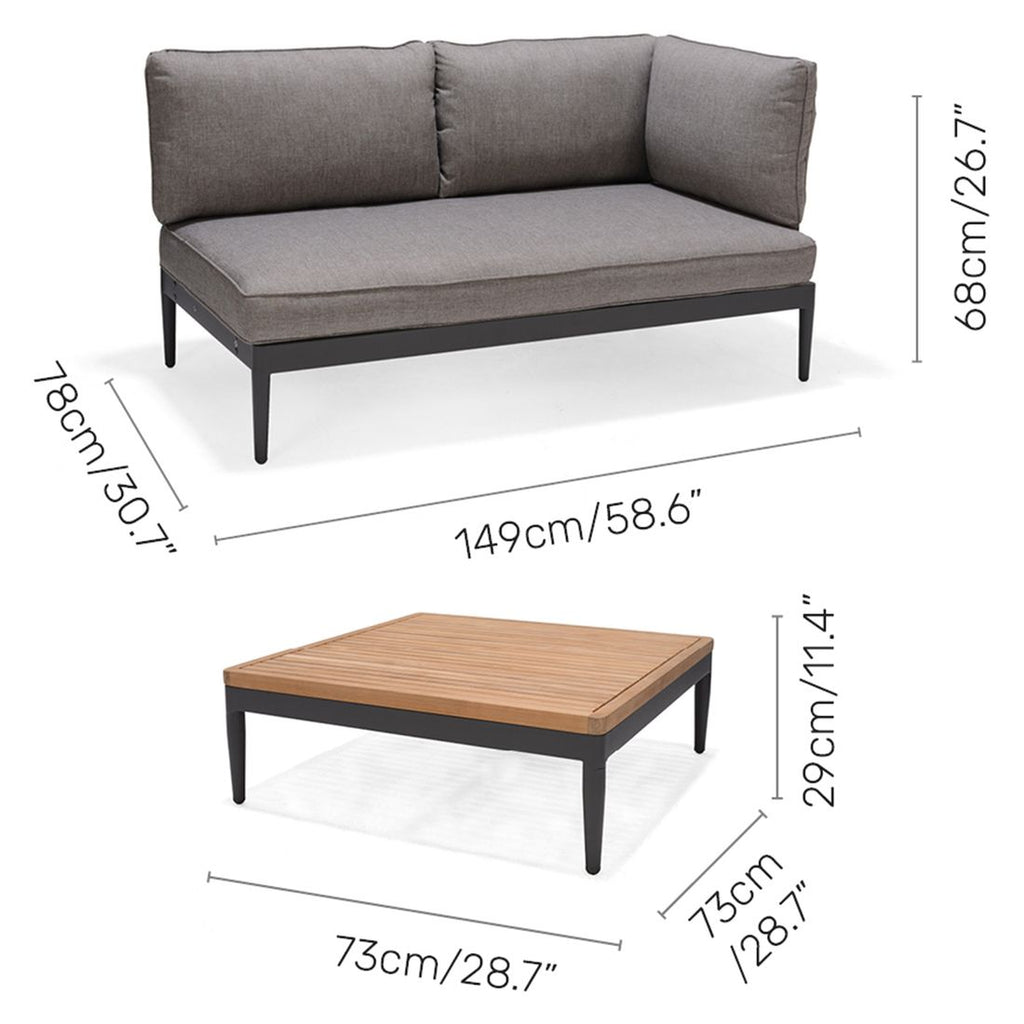 Detalj av bordplate i teak på Hjørnesofa ute Topaz med loungebord aluminium/teak