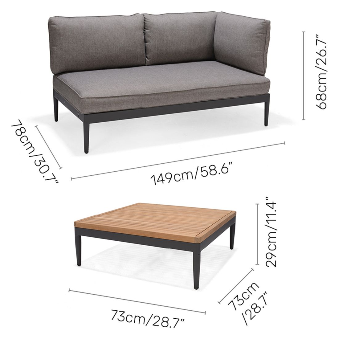 Detalj av bordplate i teak på Hjørnesofa ute Topaz med loungebord aluminium/teak
