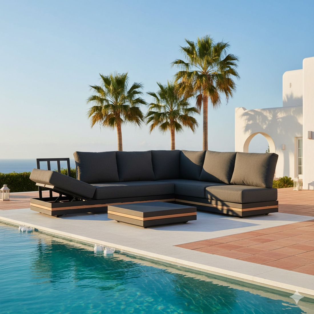 Hjørnesofa ute Triest aluminium/teak 271x198 cm front