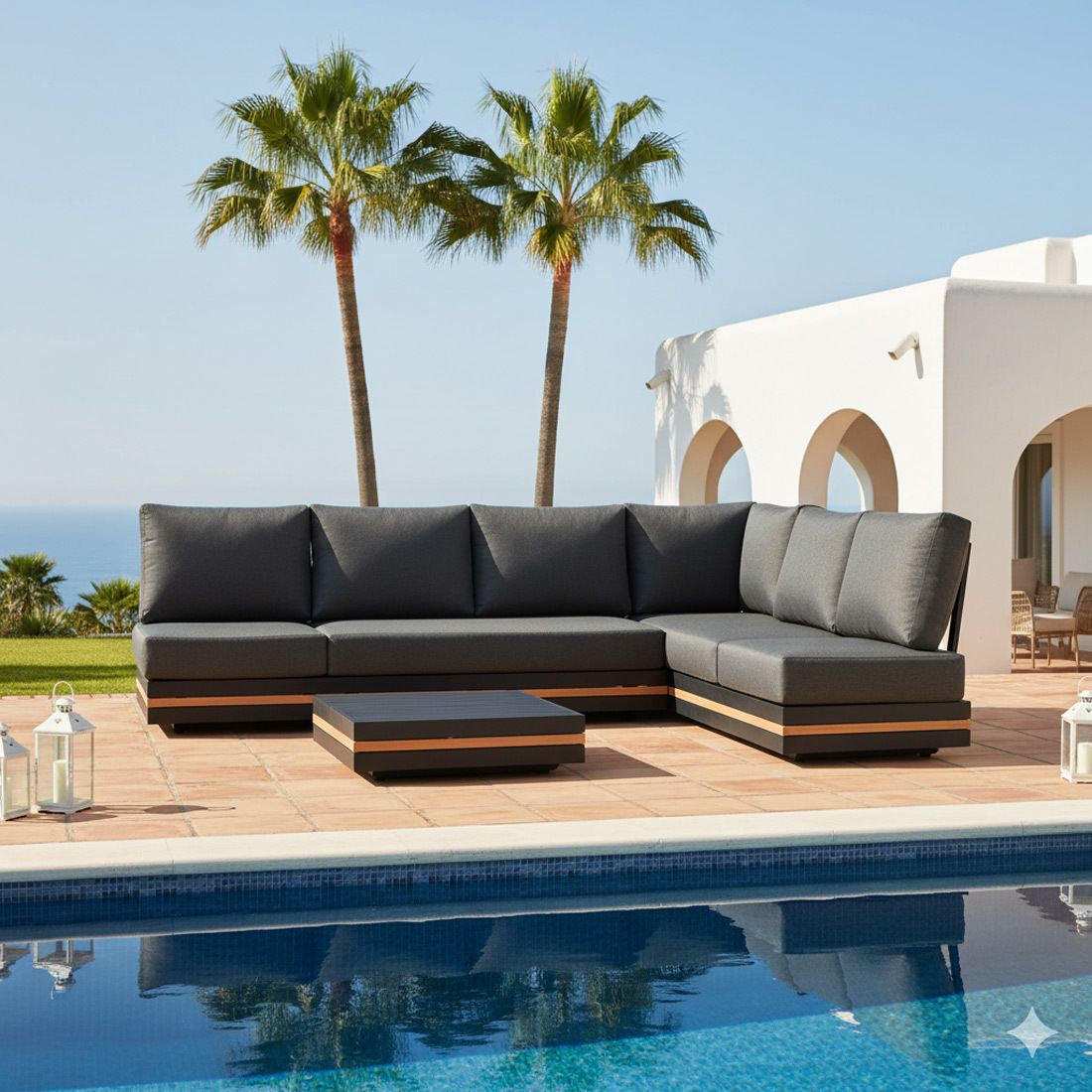 Hjørnesofa ute Triest aluminium/teak 271x198 cm helhetsbilde