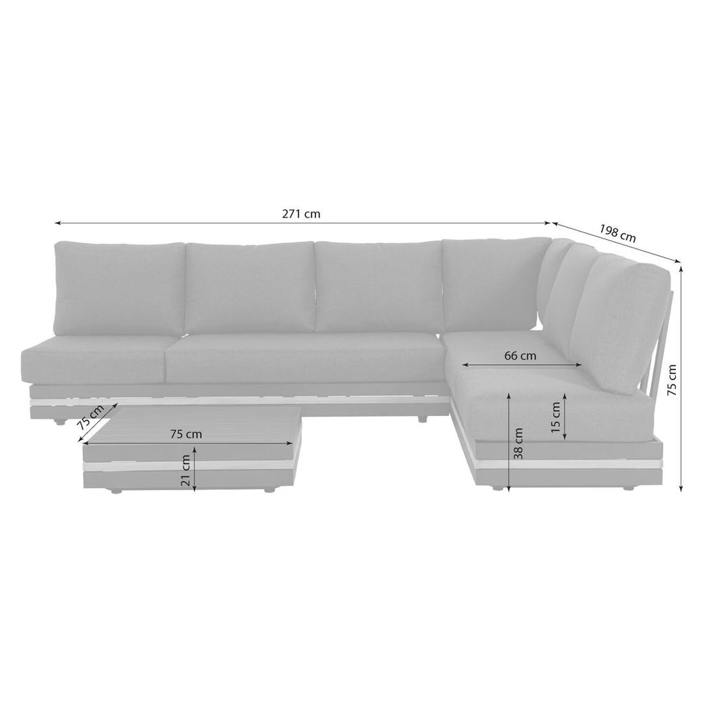 Hjørnesofa ute Triest aluminium/teak 271x198 cm montert på terrasse