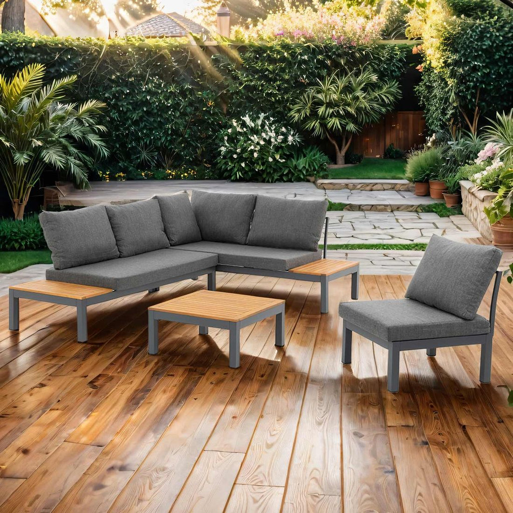 Hjørnesofa ute Venedig med loungebord aluminium/olefin forfra