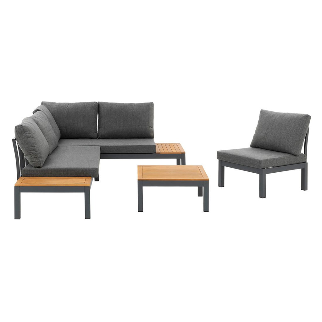 Nærbilde av akasietre bordplate på Hjørnesofa ute Venedig med loungebord aluminium/olefin