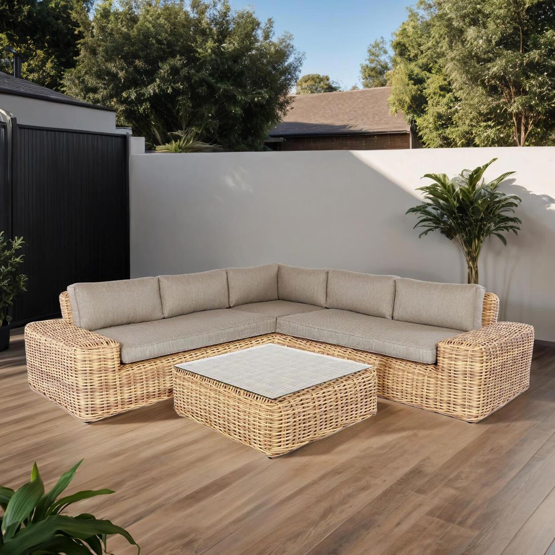 Hjørnesofa ute Yate med loungebord flettverk/olefin detalj av flettverk