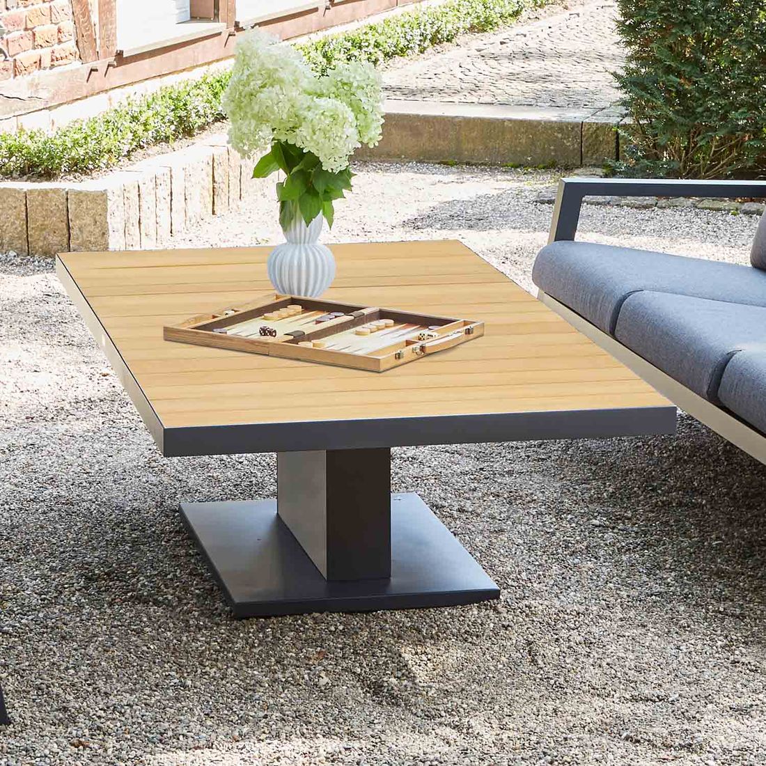 Høydejusterbart hagebord Talina 140x85 cm aluminium teak bakside
