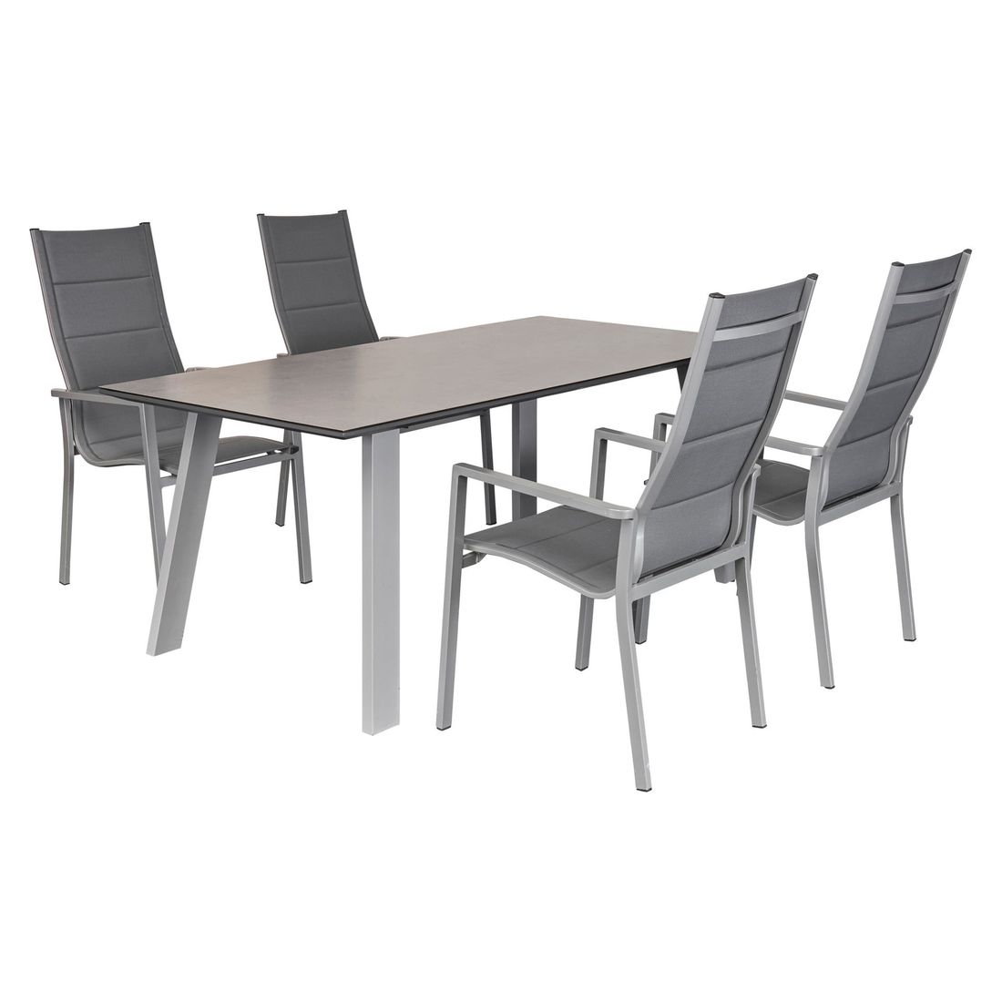 Høyrygget stabelstol Unicamo aluminium/textilen 57x72 cm på terrasse