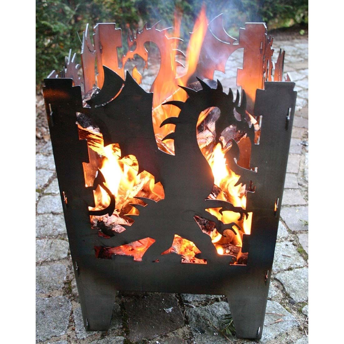 Ildkurv Drache 35,5x37 cm råstål 75 cm høy med flammer