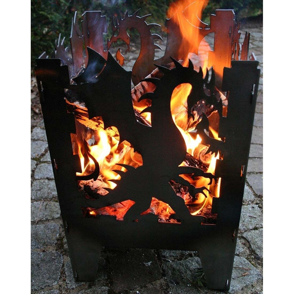 Ildkurv Drache råstål 30,5x32x47 cm montert på terrasse