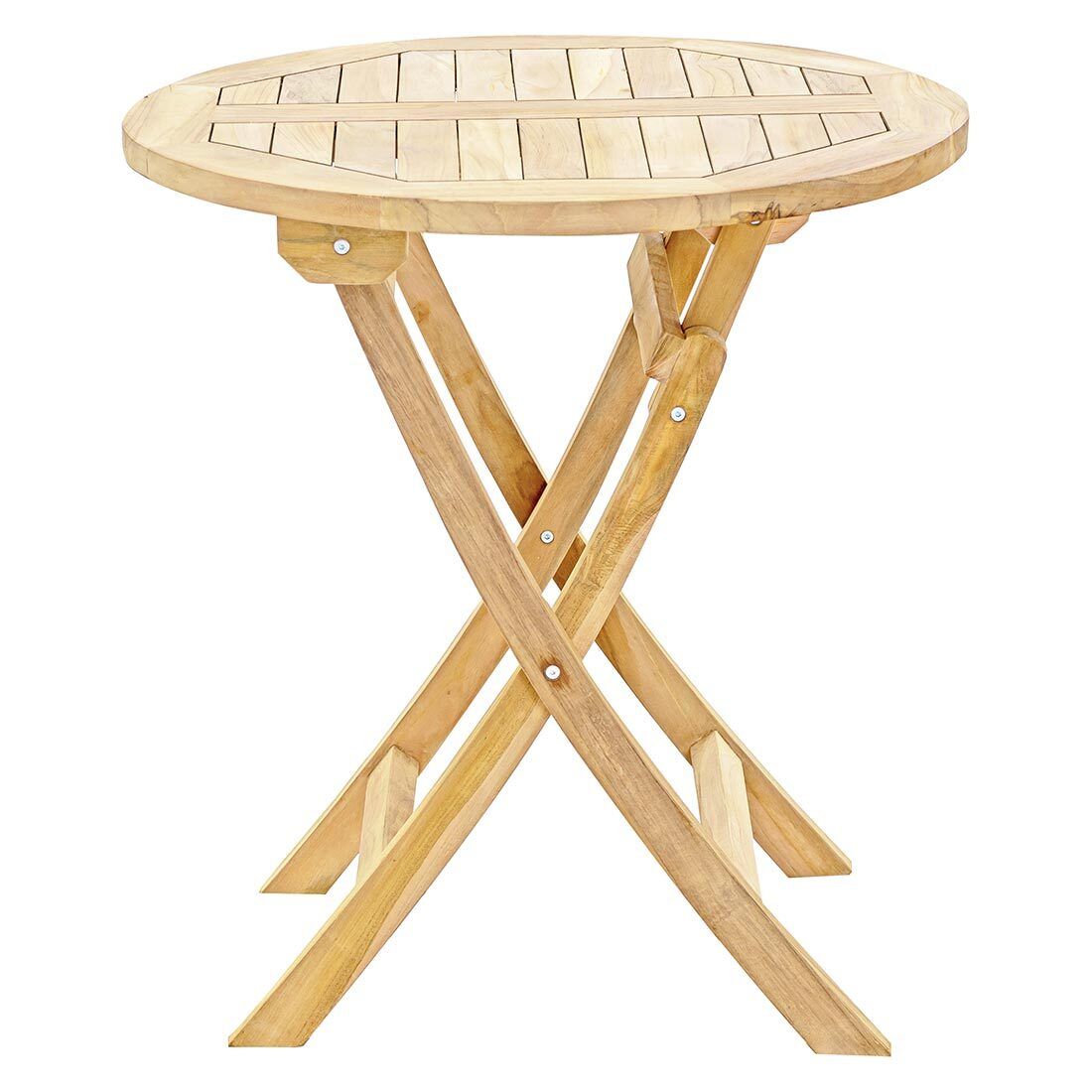 Detalj av teak bordplate på Klappbord ute Portland teak Ø70 cm
